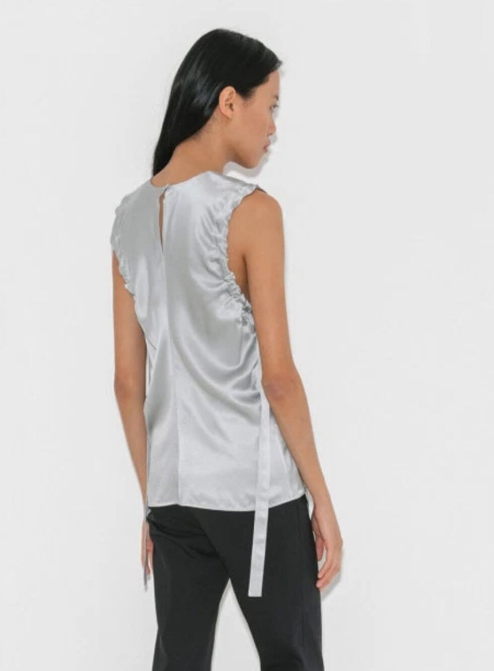 Helmut Lang Silk Sleeveless Blouse Silver Ruched Armhole Lightweight Women's S